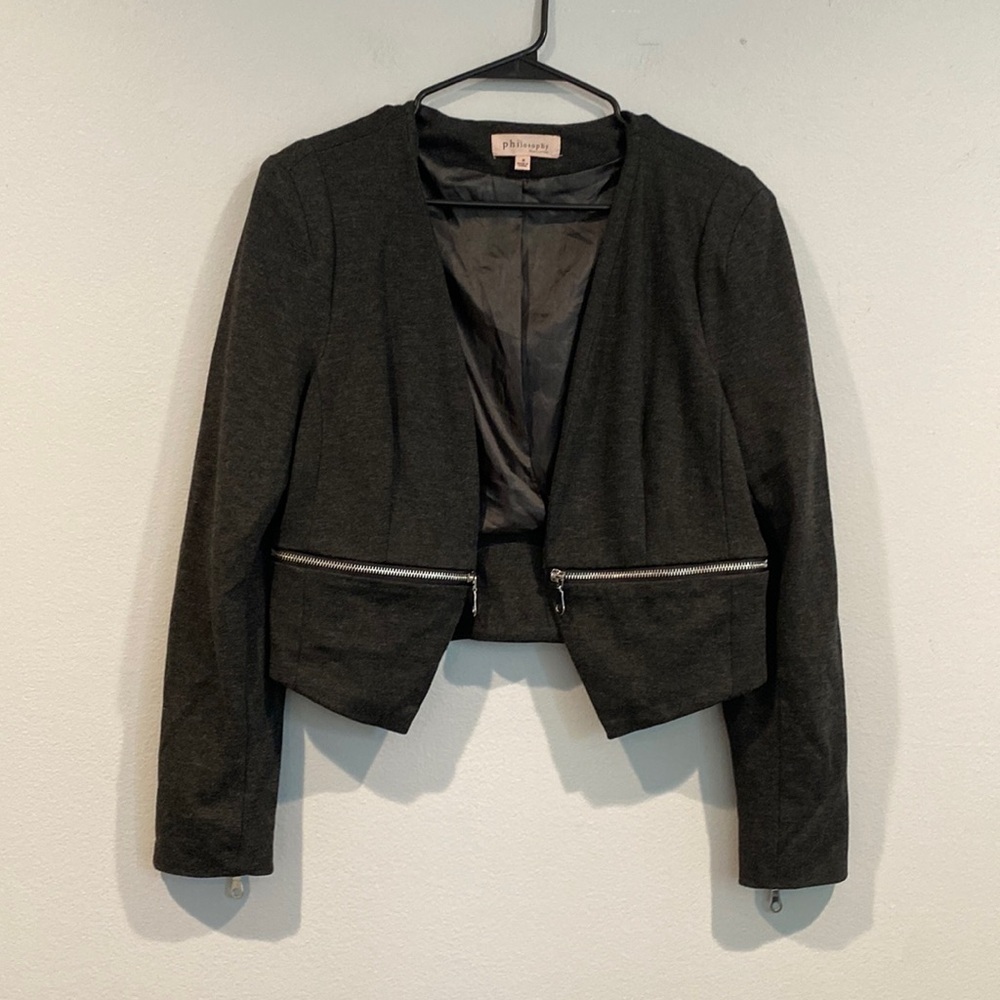 Philosophy Open Dark Gray Blazer with Accent Zippers - Size Small